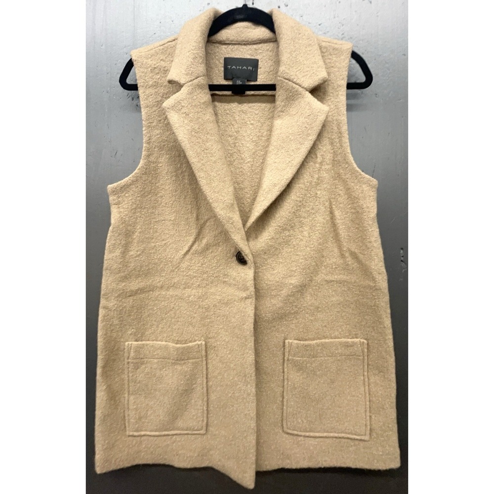 Tahari Vest M Camel Brown Wool Blend Pockets Preppy Lagenlook Quiet Luxury